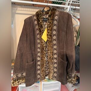 Vintage Dennis Basso Women's Brown Suede With Faux Fur Coat